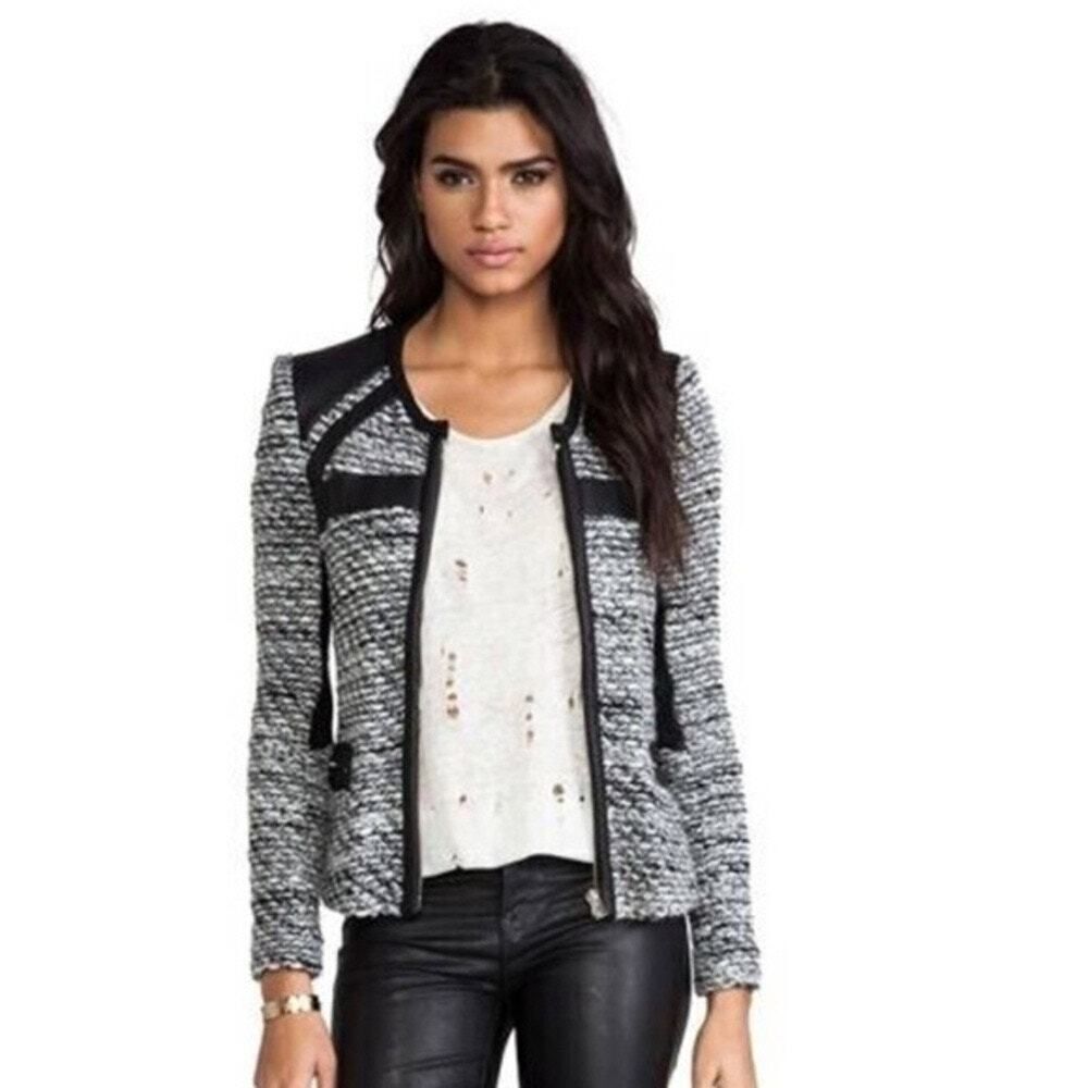 IRO Womens Izzy Boucle Jacket Black White Tweed Lamb Leather Size FR 40 US 8